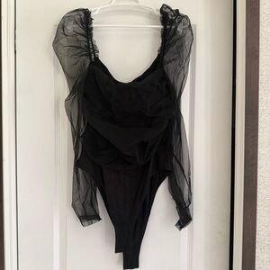 Black Bodysuit with Sheer Ruffled Sleeves